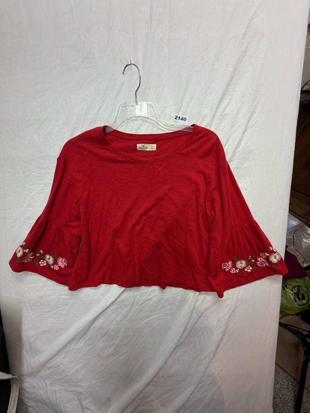 Hollister Embroidered Bell Sleeve Top Size XS Red Floral